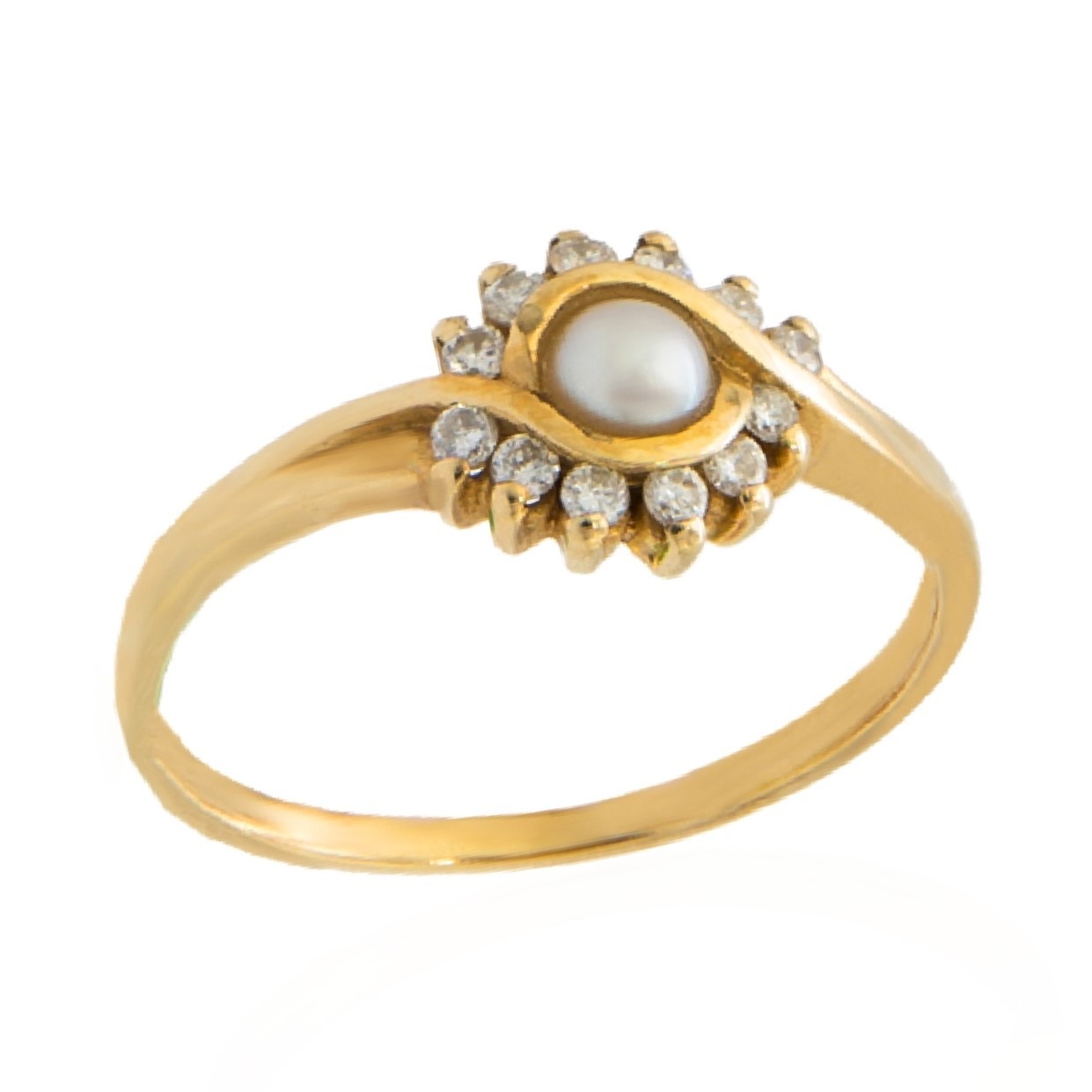 Złoty pierścionek z perłą i brylantami 0,19 ct
