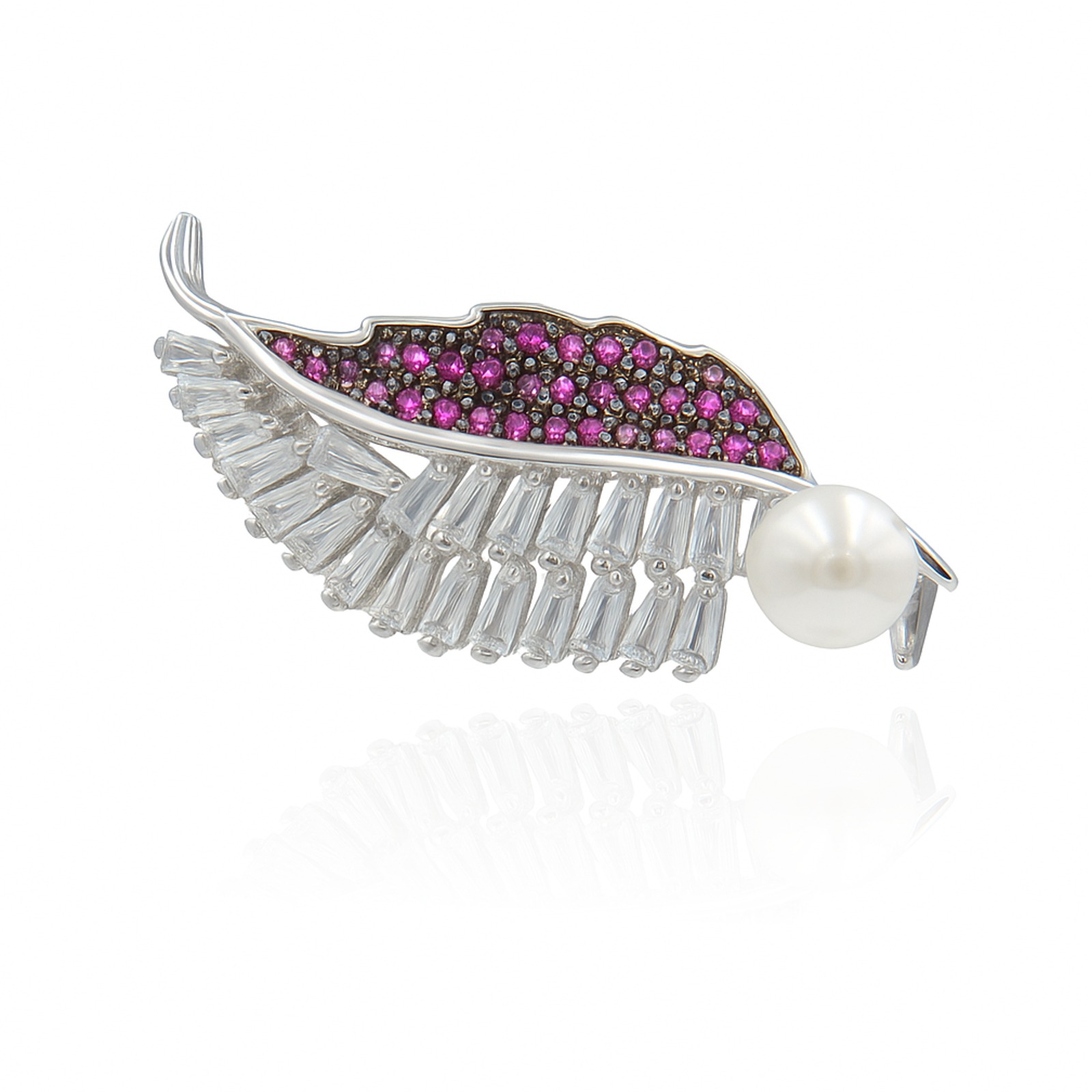 Srebrna broszka z perłą, cyrkoniami i rubinami