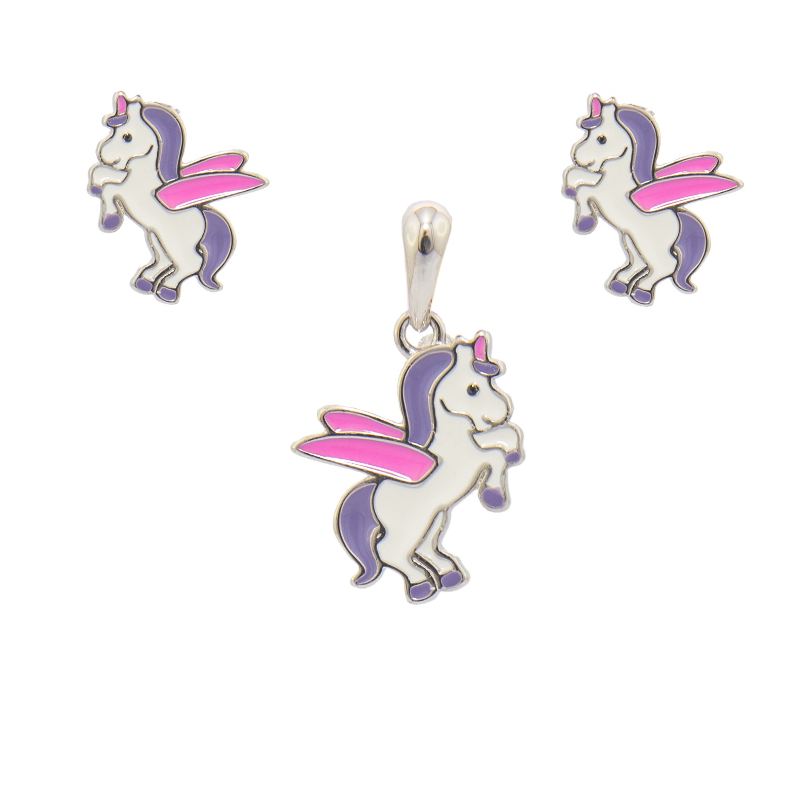 Srebrny komplet jednorożce z emalią