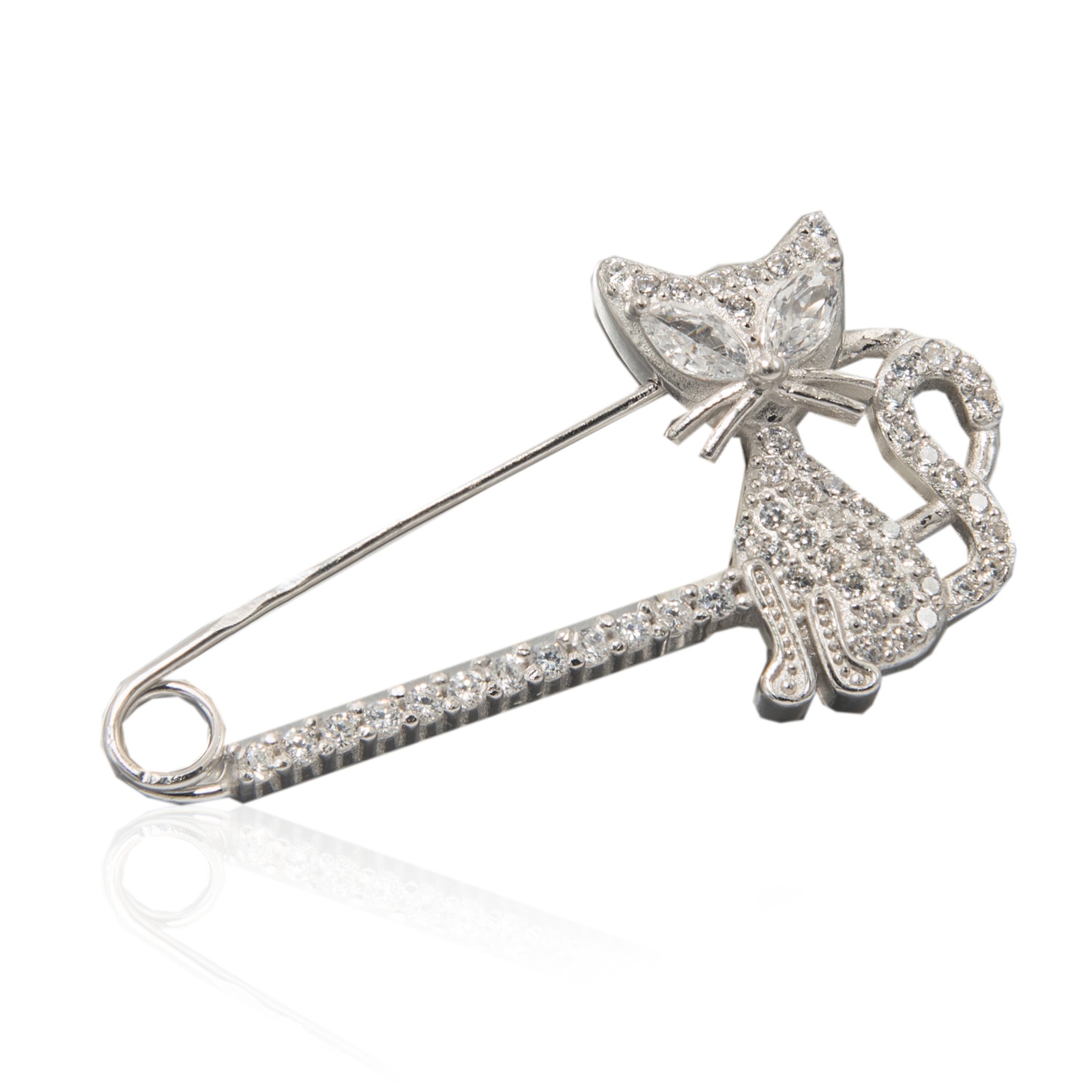Srebrna broszka kot z cyrkoniami
