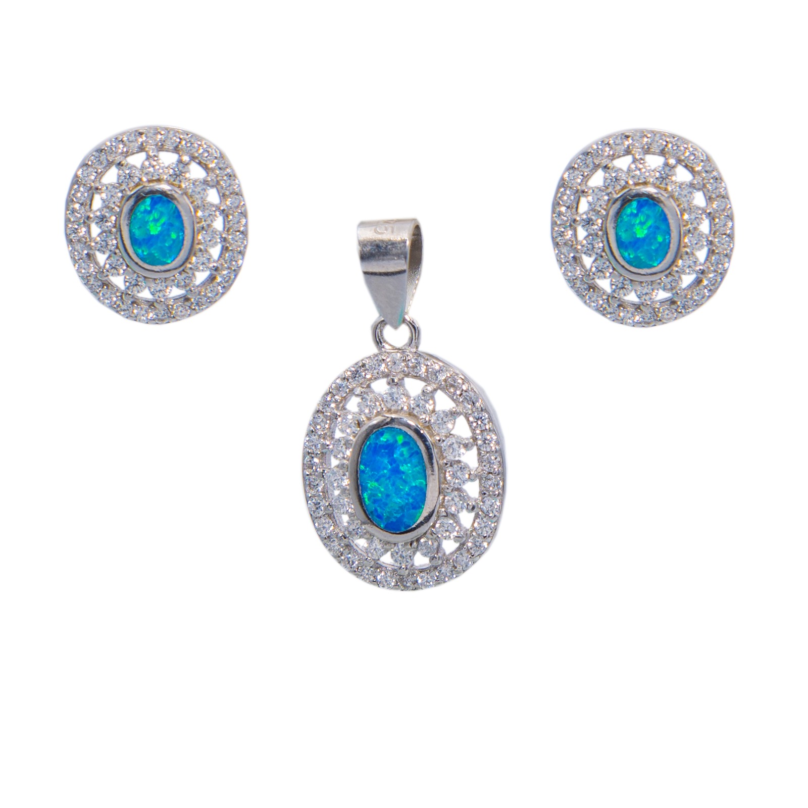 Srebrny komplet z niebieskim opalem i cyrkoniami