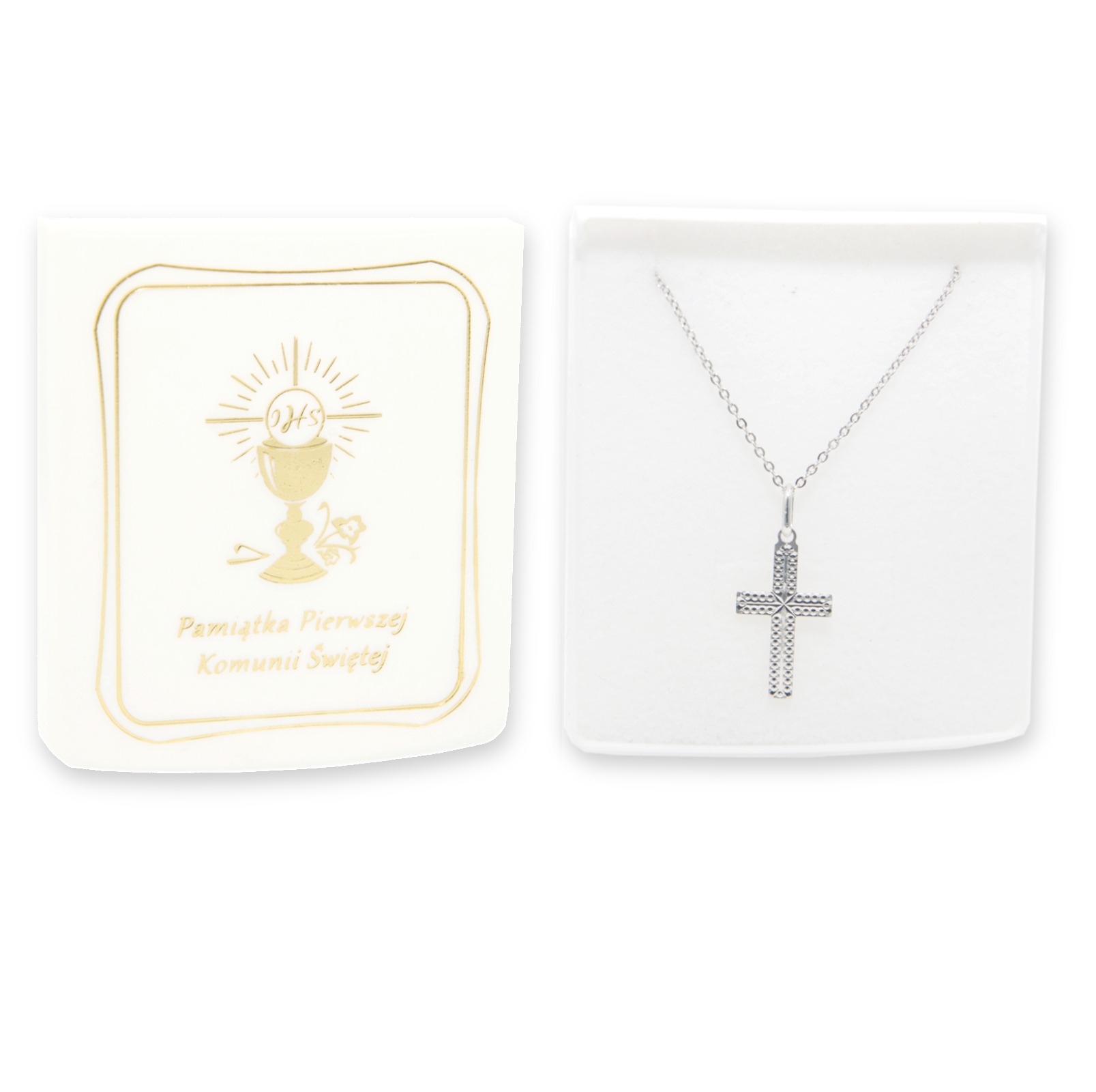 KOMUNIA ŚWIĘTA Srebrny komplet łańcuszek z krzyżykiem