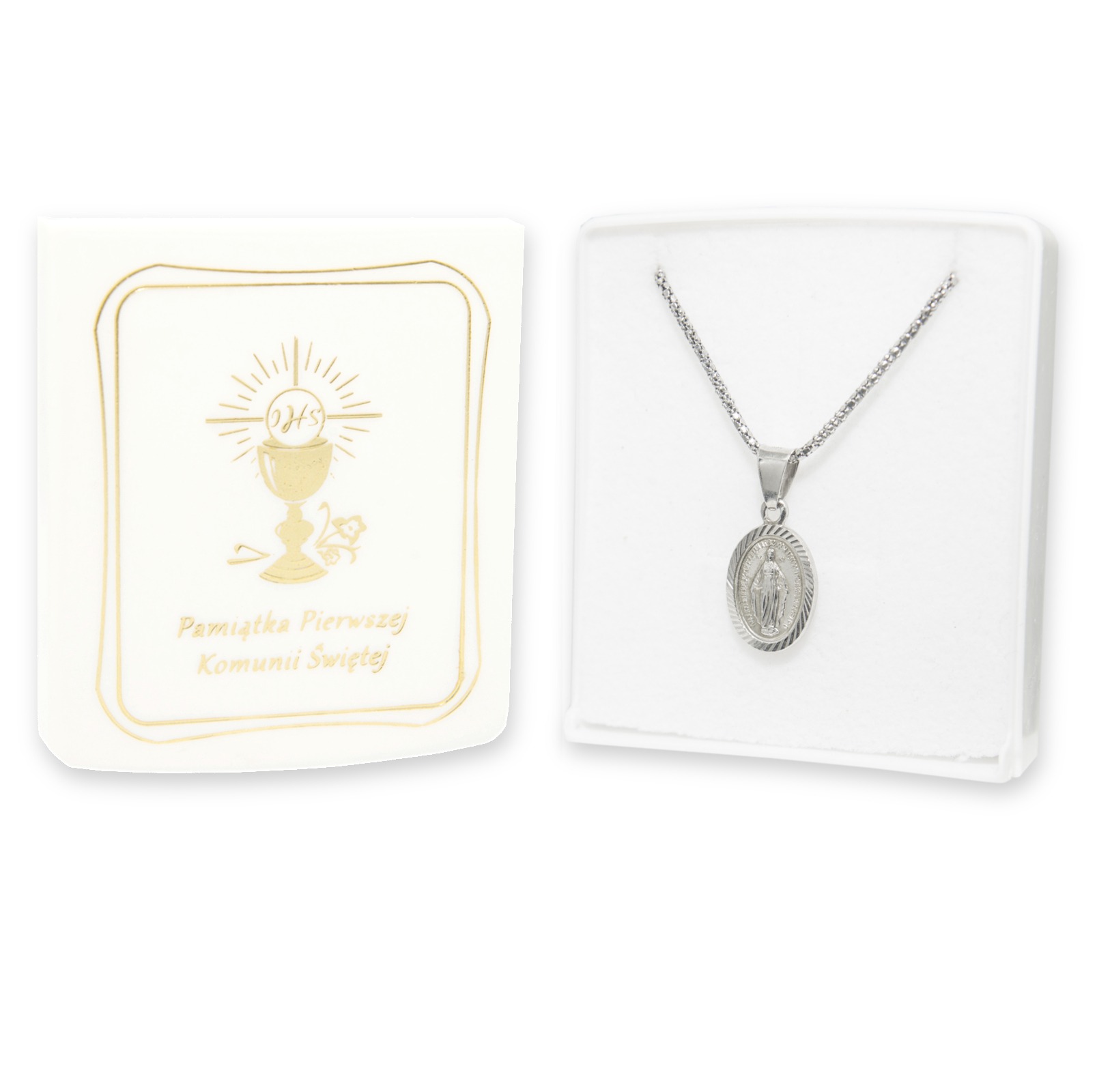 KOMUNIA ŚWIĘTA Srebrny komplet łańcuszek z medalikiem