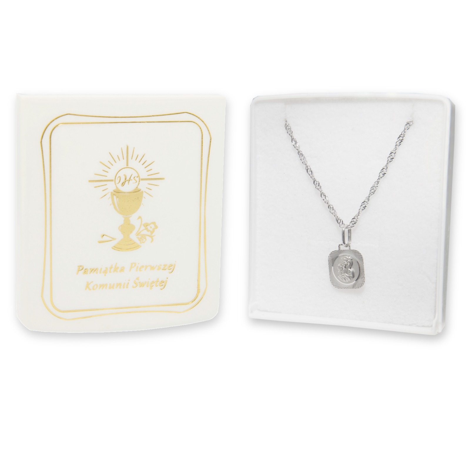 KOMUNIA ŚWIĘTA Srebrny komplet łańcuszek z medalikiem