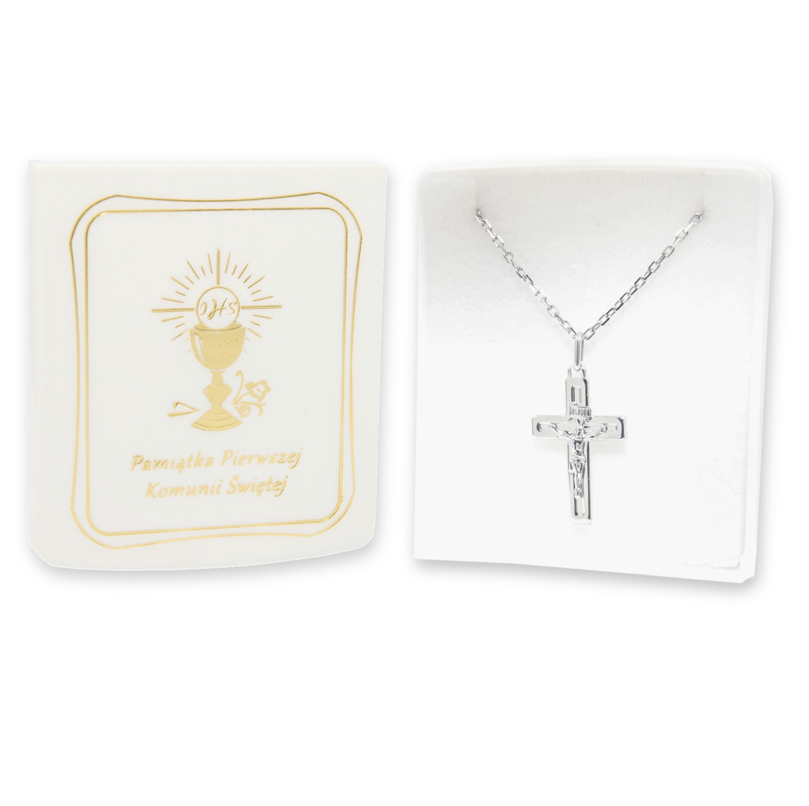 KOMUNIA ŚWIĘTA Srebrny komplet łańcuszek z krzyżykiem