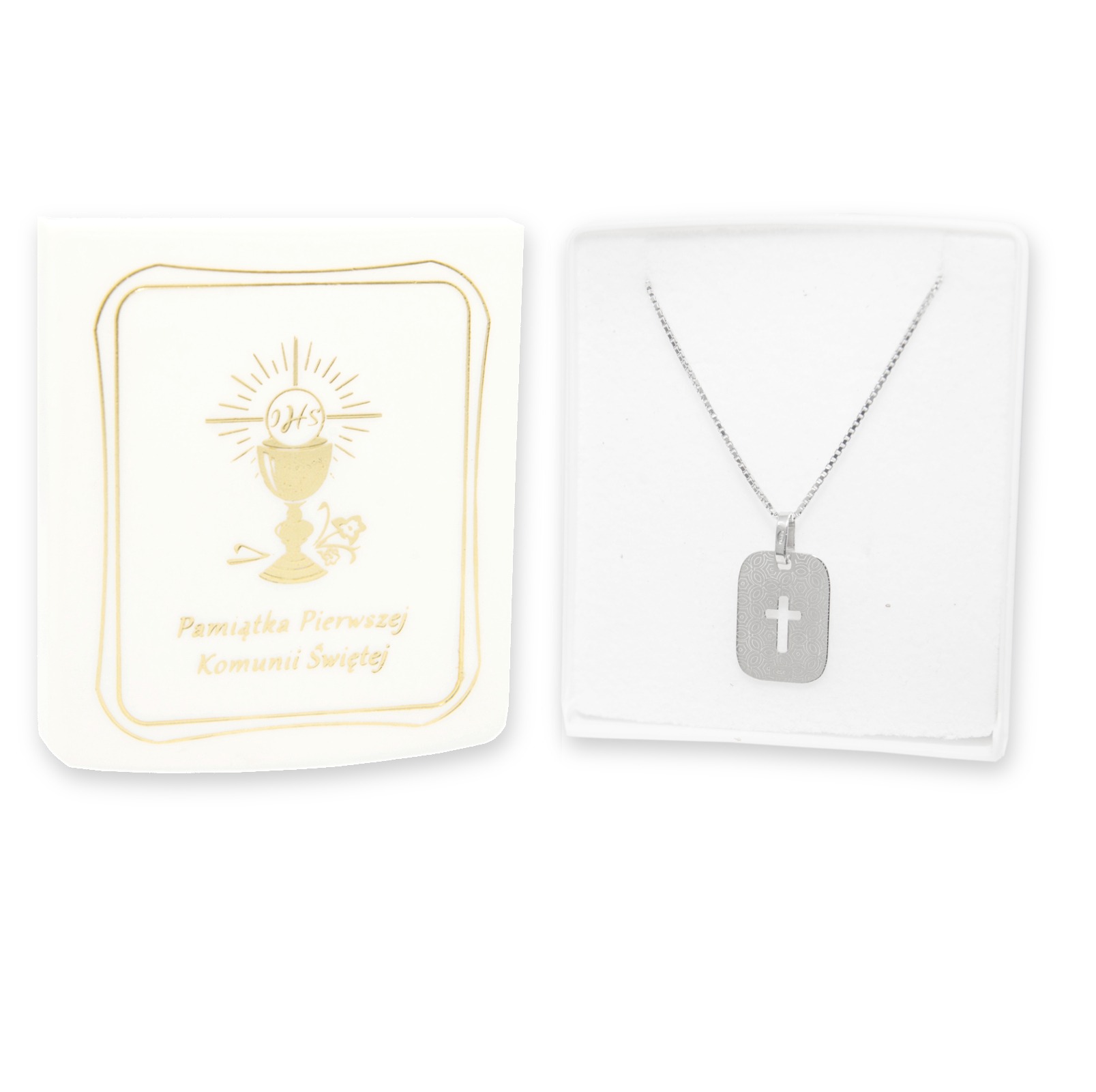 KOMUNIA ŚWIĘTA Srebrny komplet łańcuszek z blaszką z modlitwą