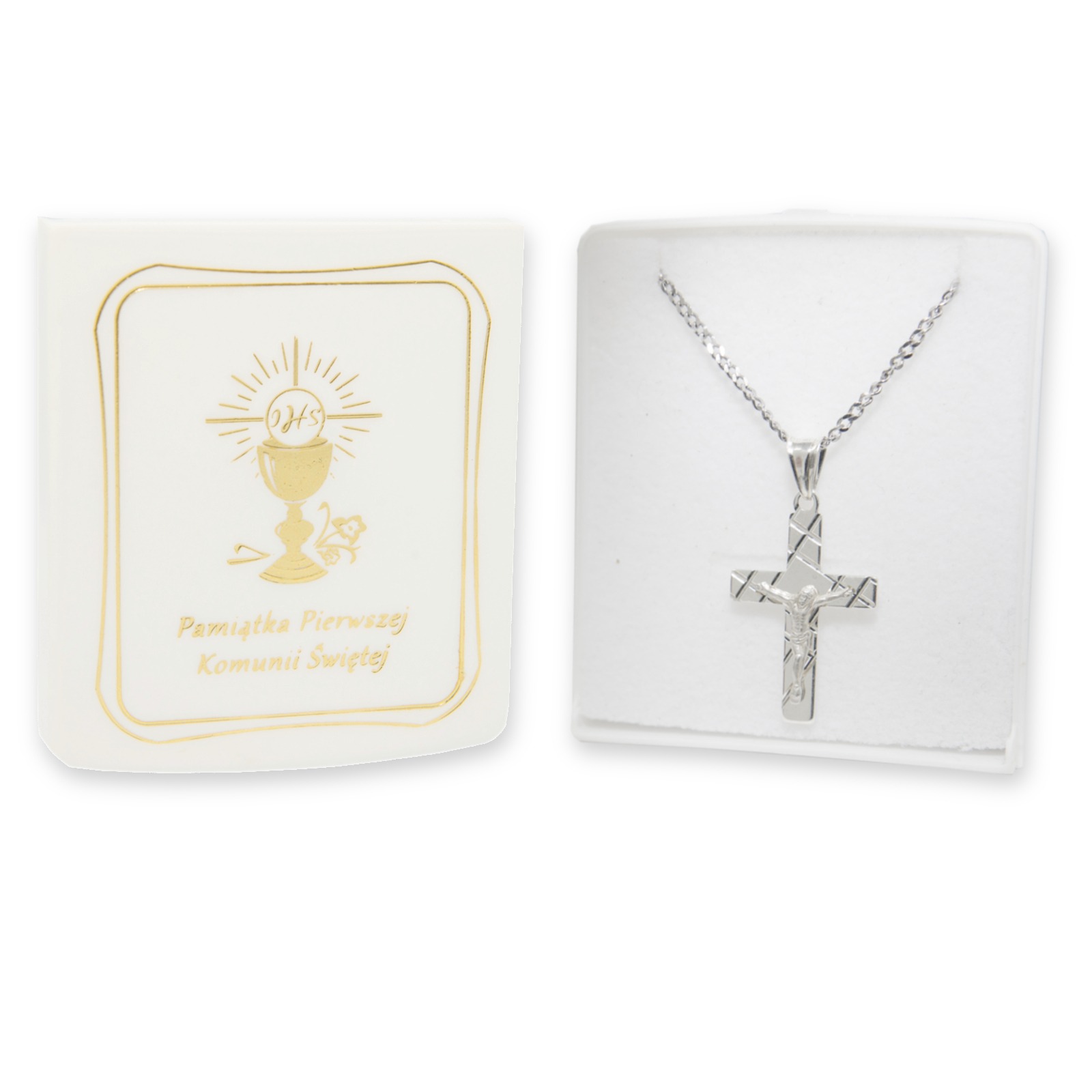 KOMUNIA ŚWIĘTA Srebrny komplet łańcuszek z krzyżykiem