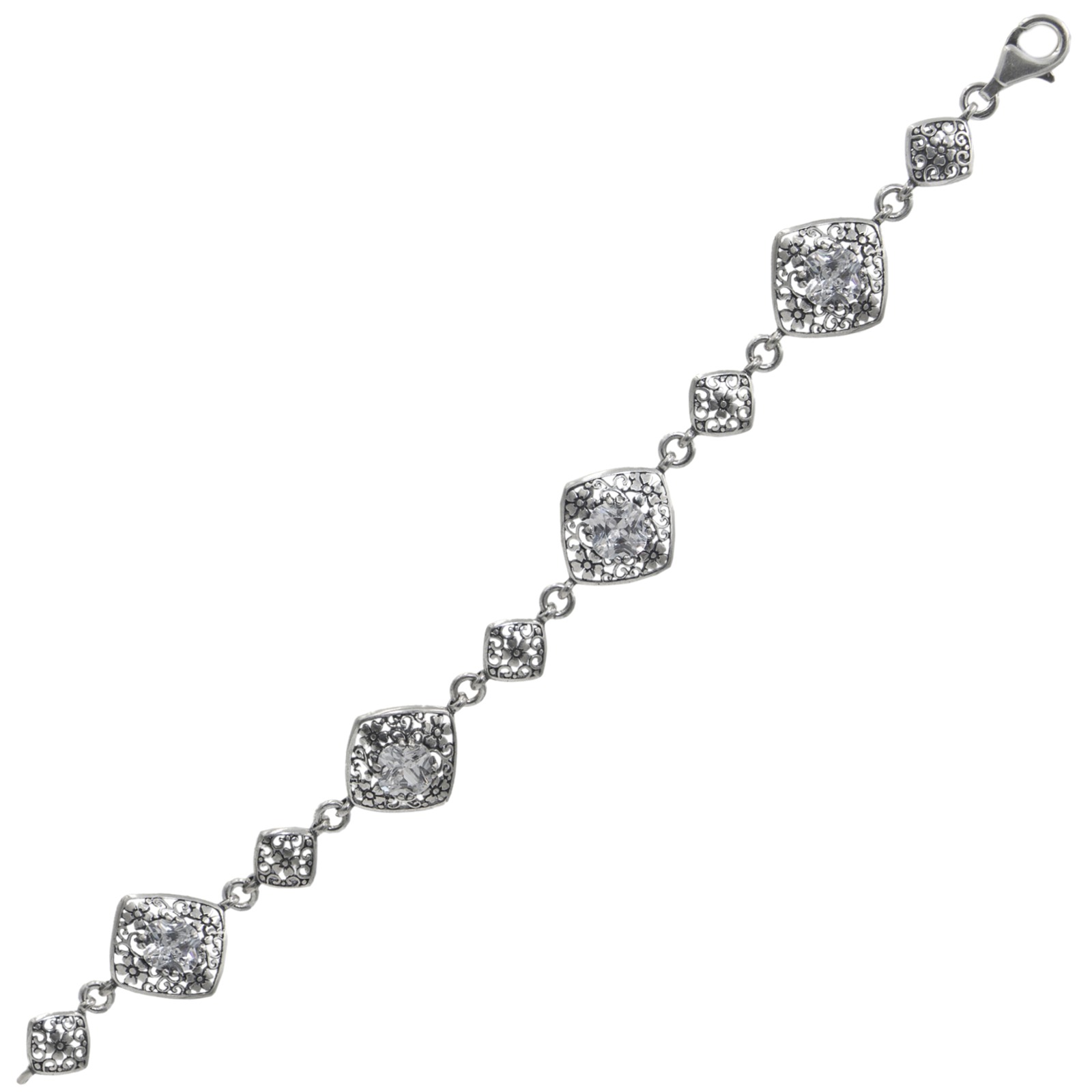 Srebrna bransoletka romby z kwiatuszkami i cyrkoniami